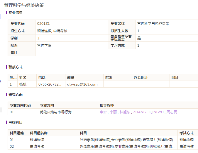 2019年深圳大学博士招生管理科学与经济决策专业目录